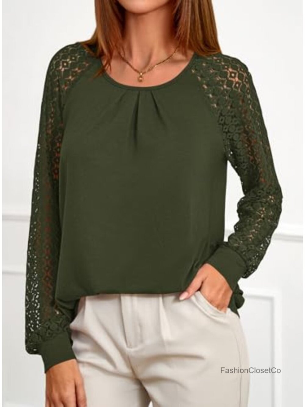 Women's Lace Long Sleeve Tunic Top Blouse Scoop Neck Casual - Picture 2 of 6